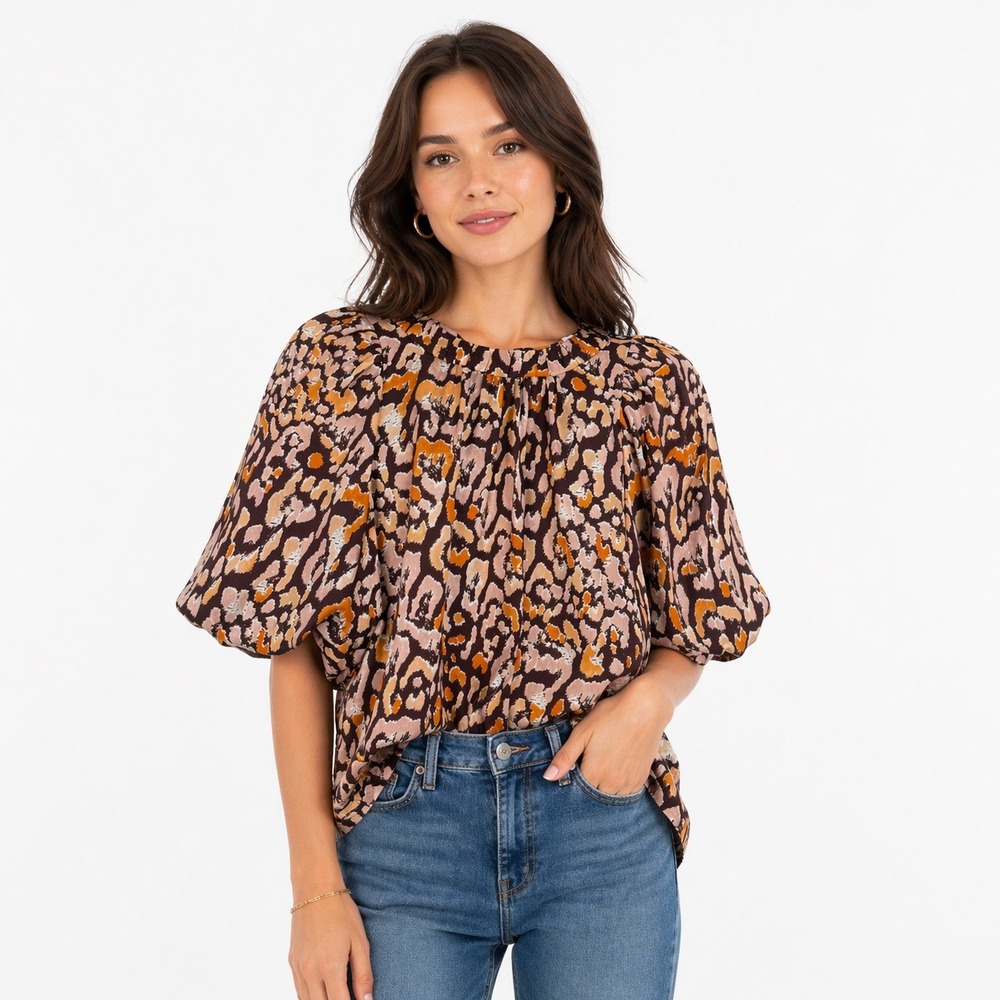 Marie Oliver Silk Blend Blouse Women Small Puff Sleeve Abstract Print Back Tie